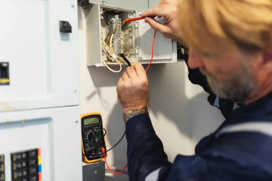 Electrician using a multimeter to test a circuit for heat pump installation