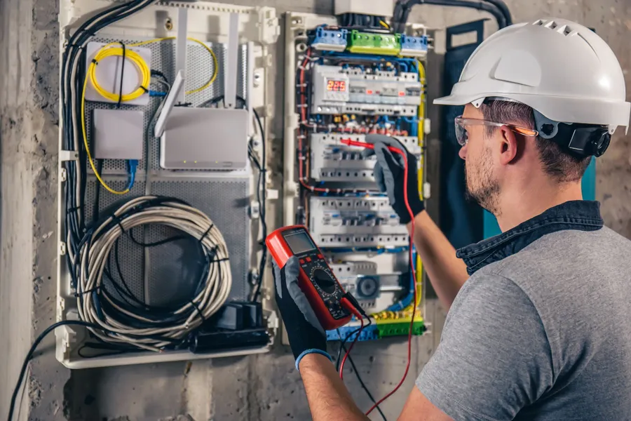 Electrician working on a distribution board in a French property