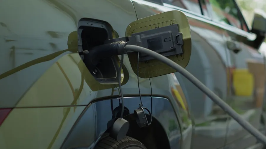 EV charging cable connected to charging port on a car parked under a solar carport