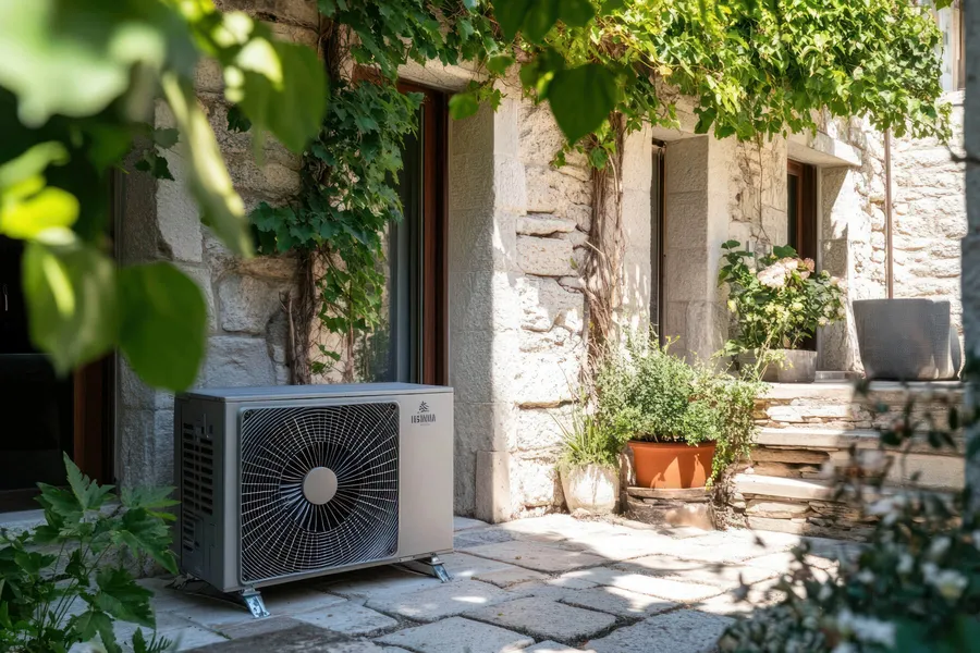Air source heat pump outdoor unit installed in the garden of an inland stone property