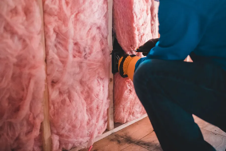 Internal wall insulation boards being fitted against an interior stone wall