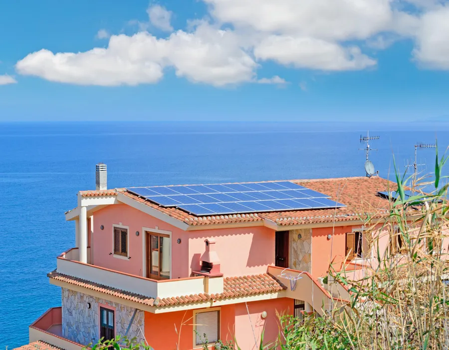Solar panels on a villa in the south of France with sea view